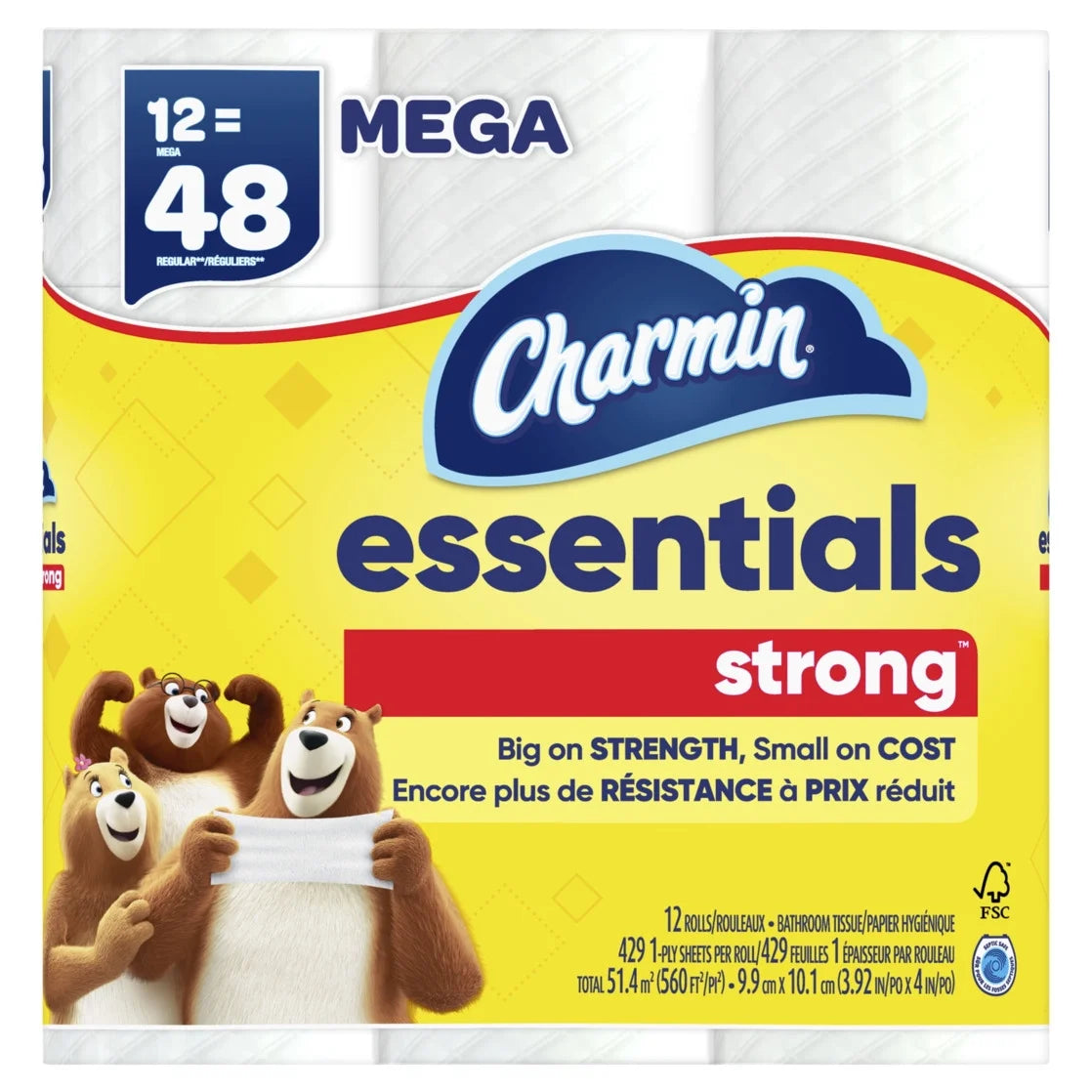 Essentials Strong Toilet Paper 6 Mega Rolls, 429 Sheets per Roll